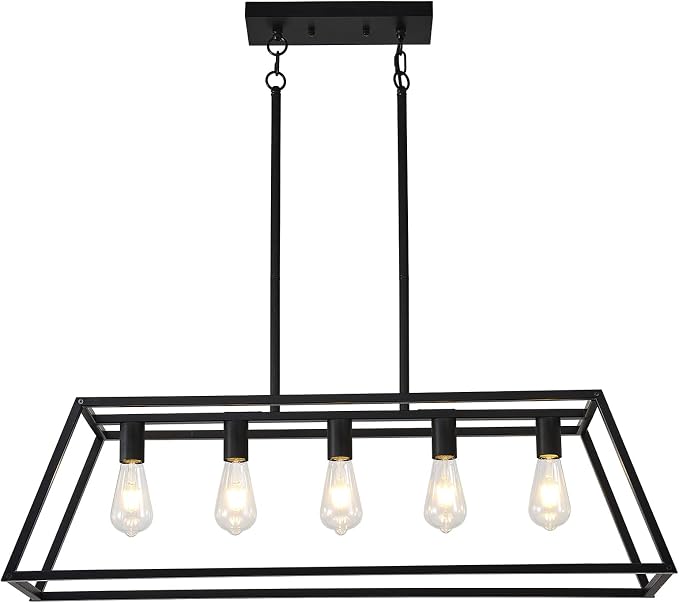 Farmhouse Rectangle Chandeliers for Dining Rooms, Modern Linear Hanging Light Fixture Matte Black 5-Light Industrial Pendant Lighting for Kitchen Island