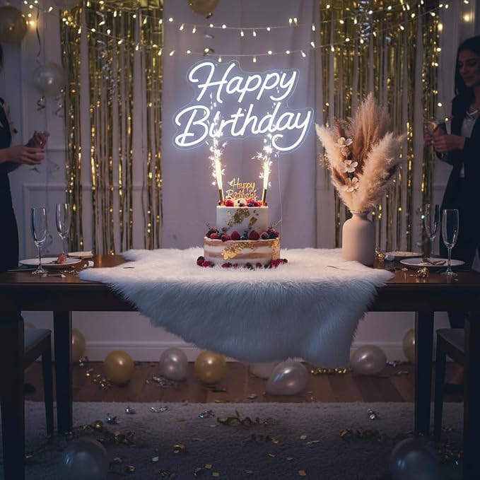Happy Birthday Neon Sign for Backdrop Dimmable Happy Birthday Light Up Sign | LED Cool White Neon Happy Birthday Sign for Birthday Party Backdrop, Any Ages Bday Party Celebration, USB Powered, Hanging