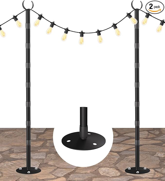 10Ft String Light Poles for Hard Surfaces, Outdoor Light Stand for Backyard, Garden & Patio Party Lighting, Heavy-Duty Metal Poles with Waterproof Finish, Rustproof & Adjustable, 2 Pack