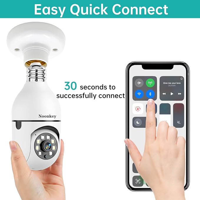 Noonkey 2K/3MP Light Bulb Security Camera, 5G& 2.4GHz WiFi Alexa E27 360° Light Socket Camera for Outdoor, Wireless WiFi Home IP Camera with Motion Tracking Alarm, Color Night Vision,Two-Way Talk