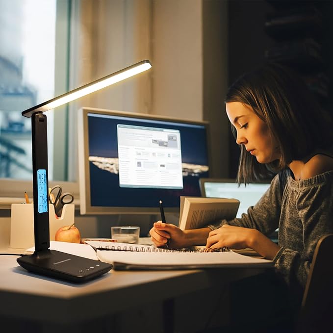 Desk Lamp with Wireless Charger: USB Charging Port, Table Lamp with Clock, Desk Lamps for Home Office College Dorm Room Essentials