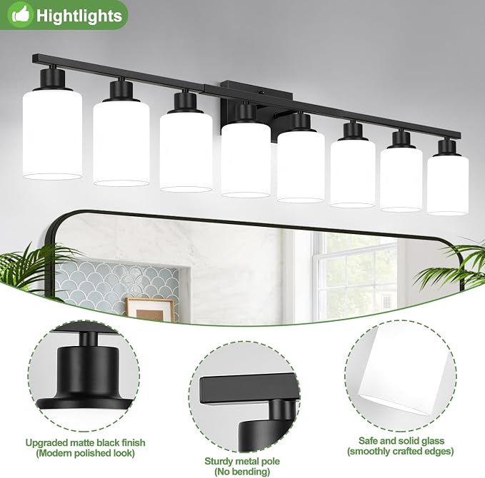 Indoi 8-Light Bathroom Light Fixtures, Matte Black Modern Vanity Lights with Milky White Shades, Bathroom Wall Lamp for Mirror Living Room Cabinet Bedroom Porch