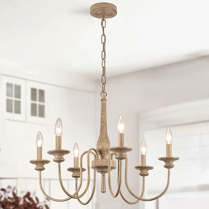 24" French Country Chandelier for Kitchen Island, 9-Light Farmhouse Pendant Light Fixture in Antique White, Adjustable Height for Dining Room & Living Room, Foyer