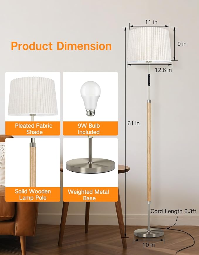 OUTON Wood Floor Lamp with Remote & Touch Slider, 4 Color Temperatures, Stepless Dimmable LED Standing Lamp with 2 Interchangeable Fabric Shades for Living Room, Bedroom, Office,Wood
