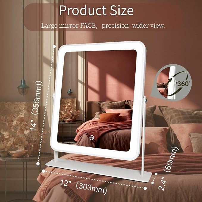 14" X12" LED Vanity Mirror with Lights, 3-Color Dimmable Touch Control, Large Lighted Makeup Mirror, USB-Rechargeable Cordless Design, Sturdy Metal Frame, Oversized Tabletop Mirror, Gift-Ready