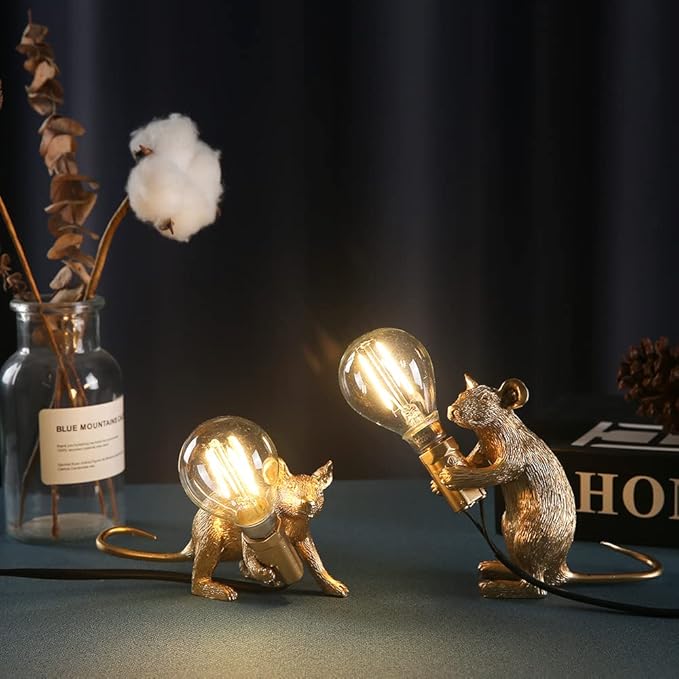 Modern Cute Art Mouse Table Lamp Children's Bedside Gift Mini Mouse Lamp LED Resin Animal Small Mice Desk Lights (Gold Sitting)