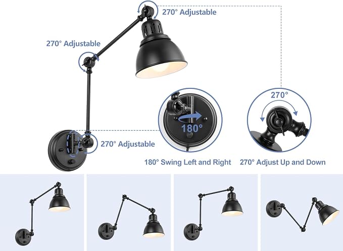GOODATE 2 Pack Plug in Wall Sconces with Remote, Dimmable, Adjustable Colors, Swing Arm Wall Lamps, Wall Sconces Set of Two with Timer & Night Light, Plug-in or Hardwired (Black, with Bulbs+Remote)