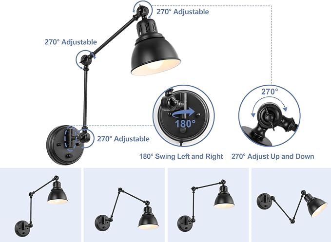 GOODATE 1 Pack Plug in Wall Sconce with Remote, Dimmable, Adjustable Colors, Swing Arm Wall Lamp, Plug in Wall Light with Timer & Night Light (Black, with Bulb+Remote)