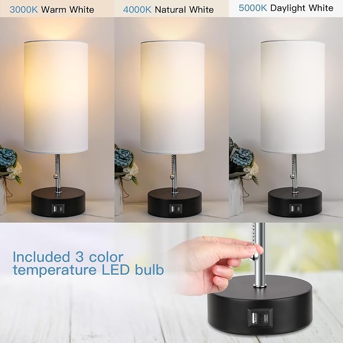 ROTTOGOON 3-Color Temperature Bedside Lamp Nightstand Lamp with USB A Port and C Port, Table Lamp for Bedroom with LED Bulb Small Lamps for Living Room (White)