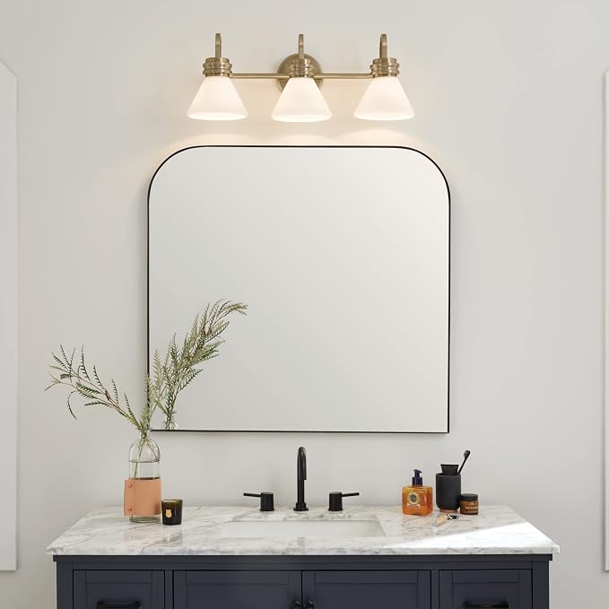 Kichler Farum 3-Light Bathroom Vanity Light, Champagne Bronze | Modern vanity light with opal glass for bathroom mirrors (26" x 9.5"), 55155CPZ