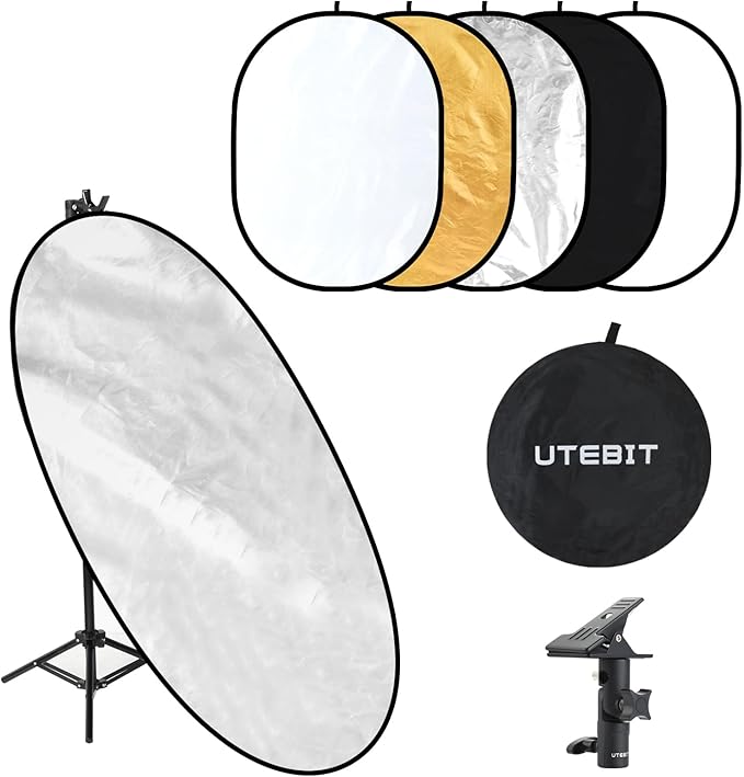 UTEBIT 35"x47"/90x120cm Photography Reflector with Stand & Clamp, 5-in-1 Oval Foldable Reflector with Carrying Bag,Translucent/Silver/Gold/White/Black Photography Reflector for Studio&Outdoor Lighting