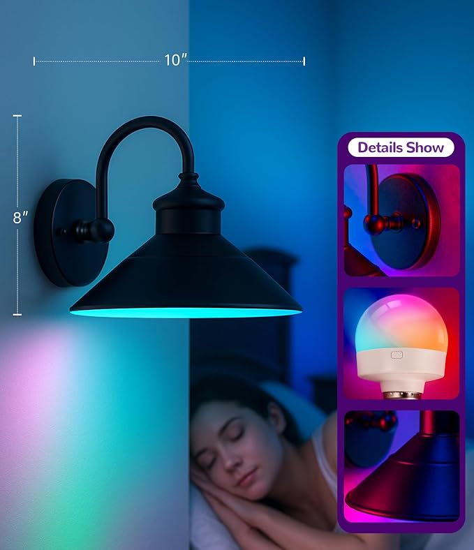 Rechargeable Battery Operated Wall Sconce Set of 2 – RGB Wireless LED Wall Sconces with 15 Colors & Dimmable Brightness, Remote Control & Bulbs Included – Wall Sconce Lighting for Bedroom, Farmhouse,