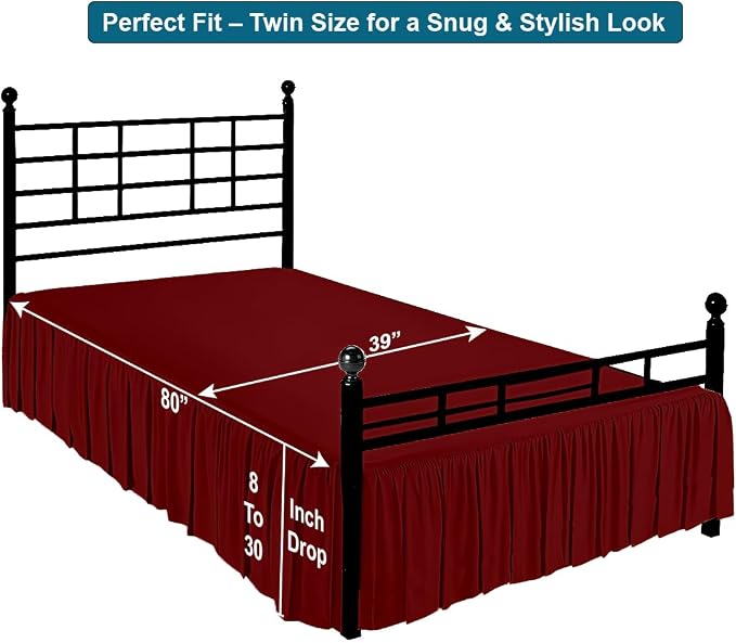Shreem Linen Ruffled Bed Skirt with Split Corners, Gathered Style, 100% Microfiber, 16-Inch Drop, Dust Ruffle Bedskirt with Platform, Twin, Burgundy