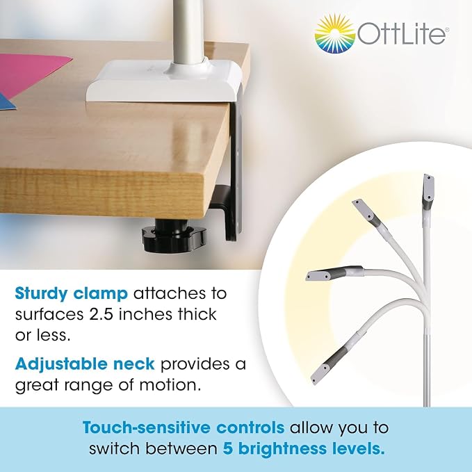 OttLite Extra Wide Area ClearSun LED Clamp Lamp, Silver | Designed to Reduce Eyestrain | Sturdy Clamp | 5 Brightness Settings | 3 Color Temperature Modes