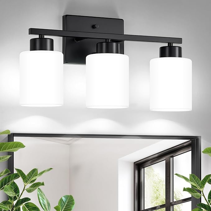 Black Bathroom Light Fixtures Vanity Lighting Over Mirror | 3-Light Modern Wall Sconces with Milky White Frosted Glass Shades for Restroom (E26 Socket)