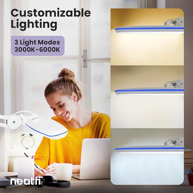 Neatfi XL 2,200 Lumens 20W LED Task Lamp – 23” Ultra-Wide Head | 182 SMD LEDs | 4 Brightness Levels | 3 Light Modes | Eye-Caring, Glare-Free | Adjustable Arm (CCT with Clamp, White)
