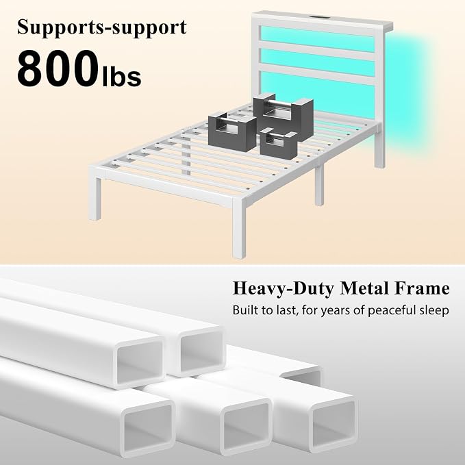 LOEWAY Twin Size Metal Bed Frame with Storage Headboard & LED Lights, White | Built-In Charging Station, Under-Bed Storage, Heavy Duty Metal Slats, No Box Spring Needed, Solid and Stable, Easy Assembly