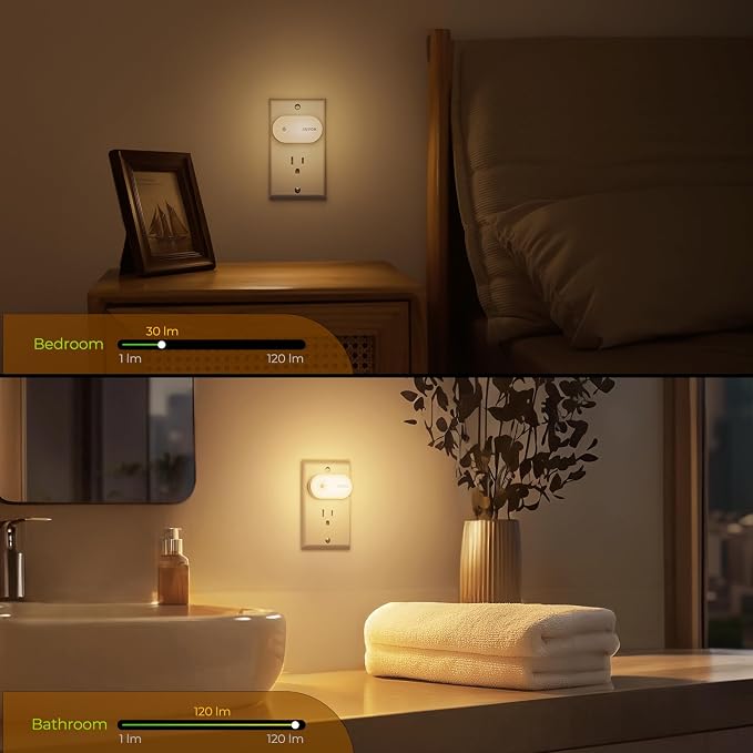 AUVON High Lumen (1-120lm) LED Night Light, Motion & Light Sensor, 4 Packs | Plug-in Nightlight, Dimmable Brightness for Bedroom, Bathroom, Hallway, Kitchen, Basement, Storage Room, Living Room