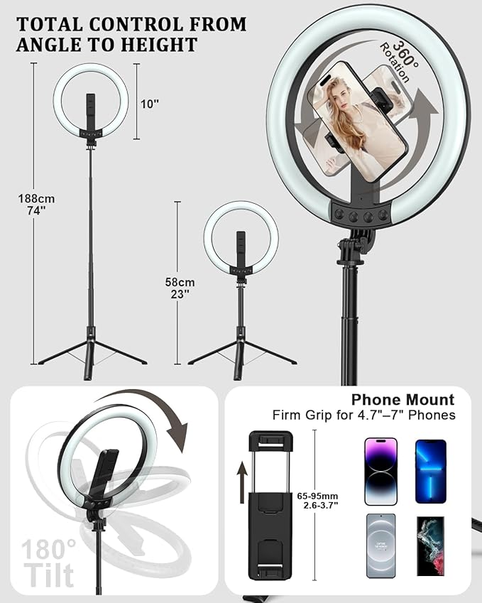 Vlogging Kit for iPhone/Android, 10” Ring Light with Stand, 74” Tripod for iPhone with Light, Microphone, YouTube Starter Kit for TikTok Content Creator
