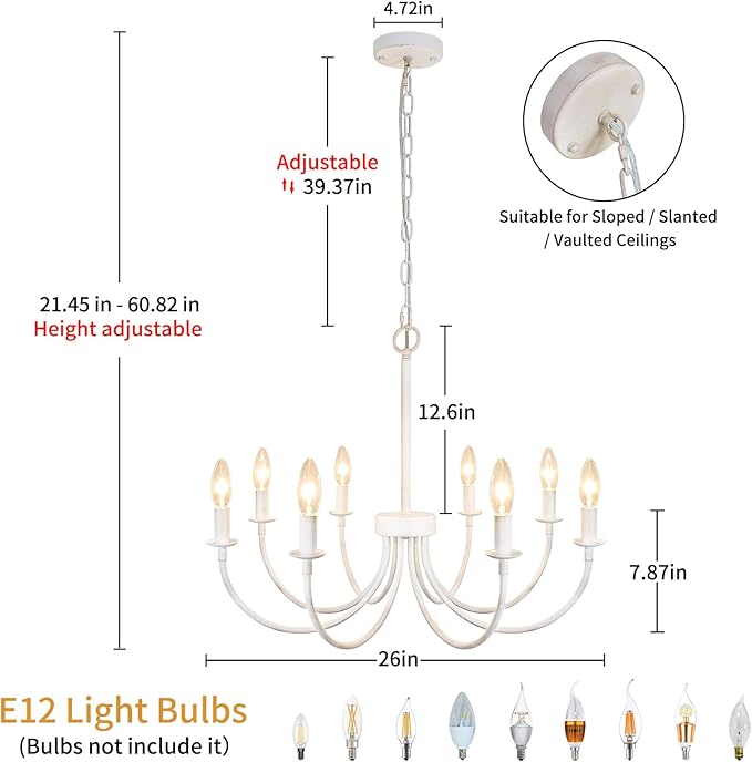French Country Chandelier, 8-Light Antique White Farmhouse Chandelier for Dining Room, Candle Hanging Pendant Light for Kitchen Living Room Bedroom Foyer Entryway