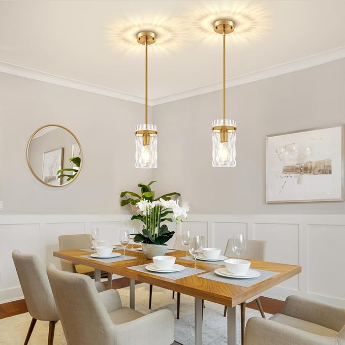 Brushed Gold Pendant Lights Kitchen Island, Modern Hammered Glass Pendant Lighting Over Island Adjustable Kitchen Hanging Light Fixtures Mini Pendant Light for Bathroom Dining Room Hallway Foyer