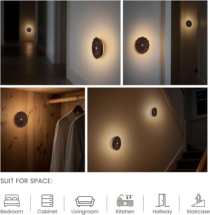 Motion Sensor Night Light, Rechargeable Wooden Flower Lights, Magnetic | Flower Night Light 2Pack, Warm White 3000K , Magnetic Stick-on , Sensor Light for Stair, Hallway, Bedroom, Black Walnut