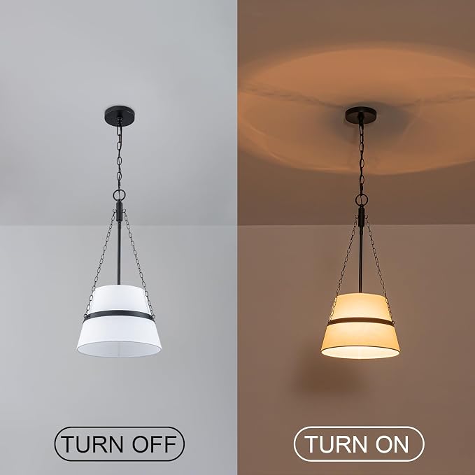 11.4" Black Drum Pendant Light for Kitchen Island, White Linen Fabric Shade | Modern Transitional, Cone Shape, 3 Side Chains, 1-Light, Breakfast Nook, Reading Corner, Adjustable Height 11.42"W x 23.82"H
