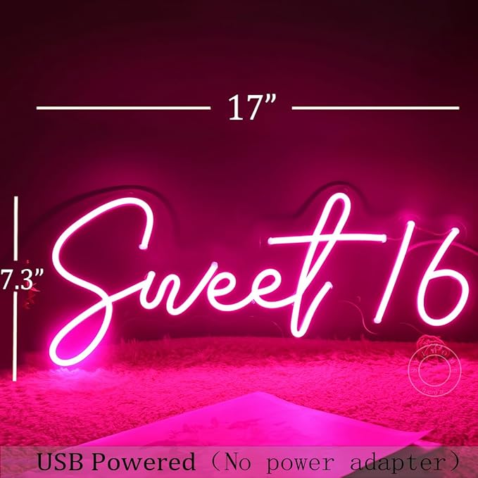 SYLHOME Pink Sweet 16 LED Neon Light Sign 17"X7.3" 5V Sweet Girls Adults Bedroom Happy Birthday Party Wall Decor Beautiful Bestie Sister USB
