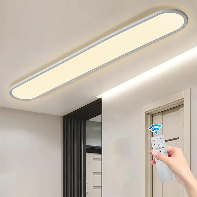 55-Inch Dimmable LED Linear Ceiling Light, 60W Low Profile | Ultra-Thin 1.38-Inch White Fixture with Remote, 3000K-6000K, 10%-100% Brightness for Kitchen, Hallway, Closet and Laundry