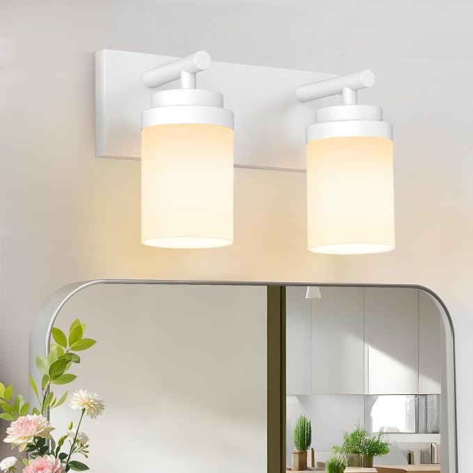 IZORRO Bathroom Vanity Light Fixture, 2-Light 15 Inch White Bathroom Light Fixtures Over Mirror, with White Glass Shade, Modern Farmhouse Vanity Lights, Rustic Restroom Lighting Fixtures