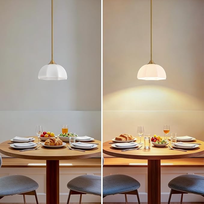Milk Glass Pendant Lights for Kitchen Island E26 Base Mid Century Light | 7.8inch Modern Gold Lighting for Bathroom Bedroom Dining Room Adjustable Hanging Height Fixture