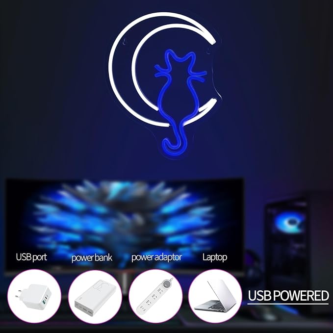JEDAEMEN Moon Cat Neon Signs for Wall Decor White Blue LED Sign Neon Lights | Moon Cat Led Light Sign Preppy Room Decor Light Up Sign for Birthday Party Decoration USB Powered