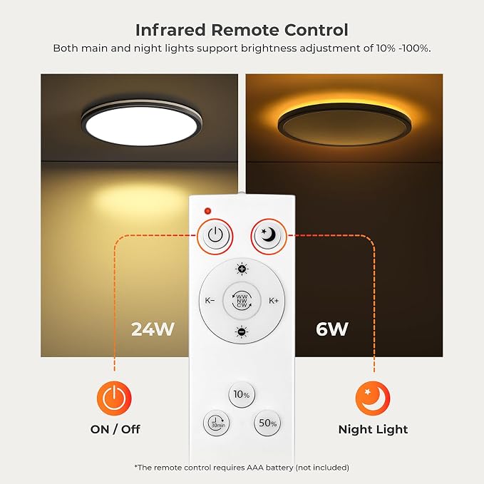 Matane 12in LED Flush Mount Ceiling Light Fixture with Remote Control, Nightlight 2000K Warm, 24W 3000K-6500K Adjustable, Wired Low Profile Ceiling Lights for Bedroom, Kitchen, Living Room Black