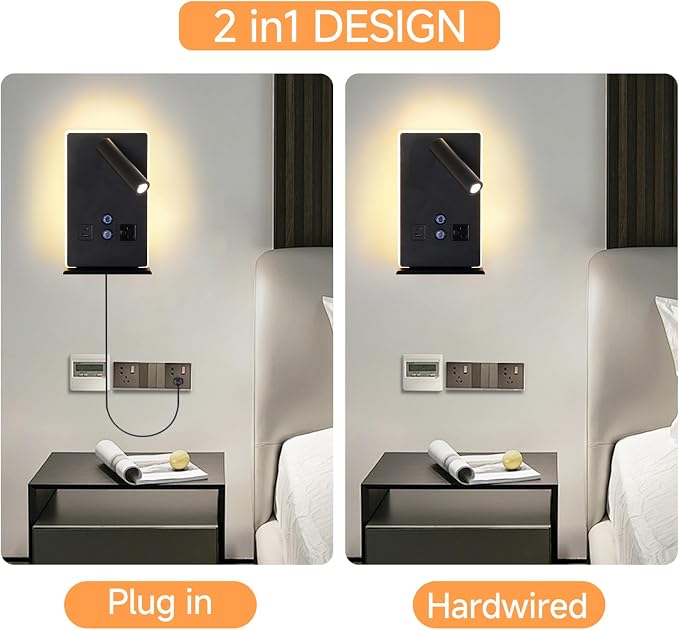Wall Mounted Reading Light with Shelf - 3 Color Dimmable LED, 360° Adjustable Wall Lamp for Bedroom/Study, Touch Control (Black)