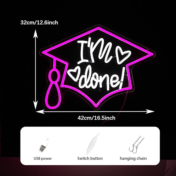 I’m Done Neon Sign LED Bachelor's Cap Light Sign Dimmable Graduation Decor Neon Light USB Powered Congrats Neon Light for Commencement School Graduation Party Wall Decor(16.5 * 12.6 In)