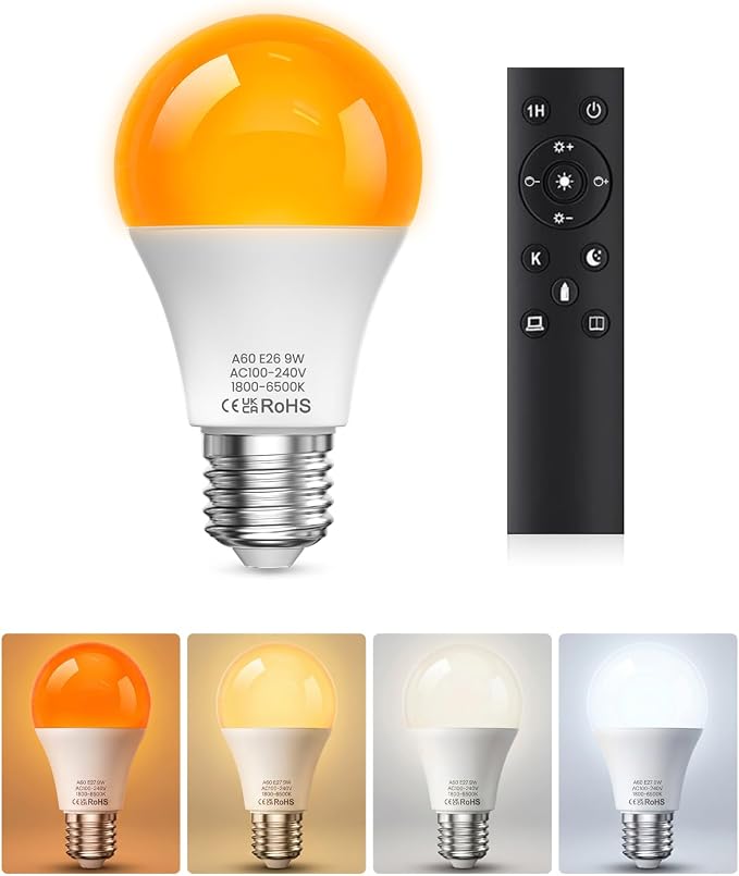 E26 LED Light Bulbs with Remote Control, Amber Light Bulbs 9W 60W Equivalent Warm Light Bulbs, 1800K-6500K Dimmable Remote Control Bulb for Bedroom, Nursery, Reading & Sleep Health, 1Bulb & 1Remote
