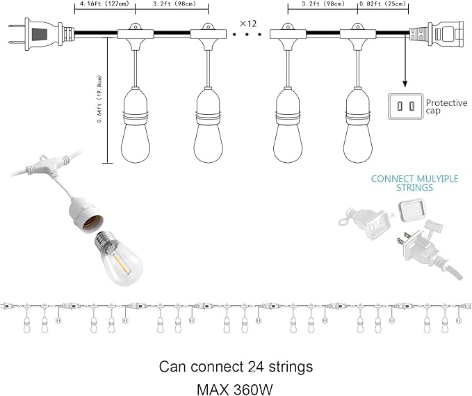 Outdoor String Lights, 50FT Waterproof Patio Lights with 1W Dimmable LED Bulbs, Hanging String Lights for Outdoor Backyard, Garden, Deck, Porch, Gazebo, Balcony, Camping, Party(White)