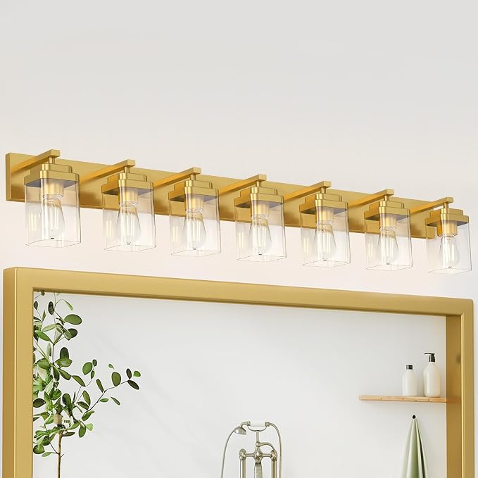 Brushed Gold Bathroom Light Fixtures, 7 Lights Bathroom Lighting Fixtures Over Mirror, Square Design & Rectangle Large Backplate, Modern Vanity Lighting Fixtures, for Living Room/Bedroom