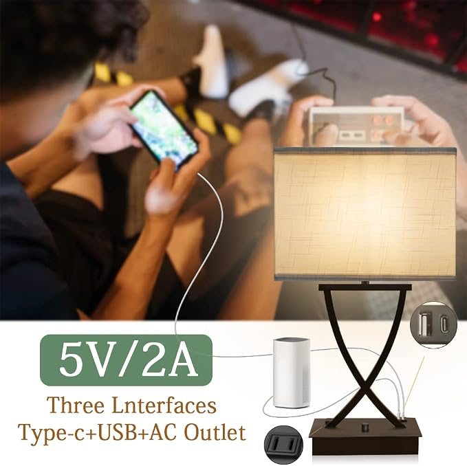 OYedis Fully Dimmable Medium Table Lamp for Bedroom with Type C/USB Charging Port and 1 AC Outlet White Shade 21.38" Bedside Nightstand Lamp for Living Room Office and Hotel Bulb Included