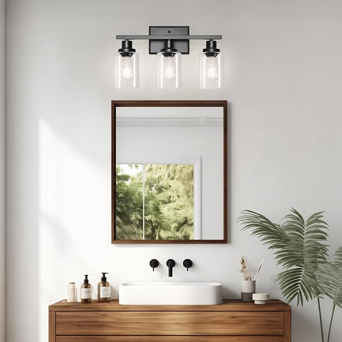 Ascher Bathroom Light Fixtures, 3 Light Vanity Light with LED Bulbs Included, Black Wall Sconces with Clear Glass Shades for Mirror, Kitchen, Living Room, Hallway, Cabinet