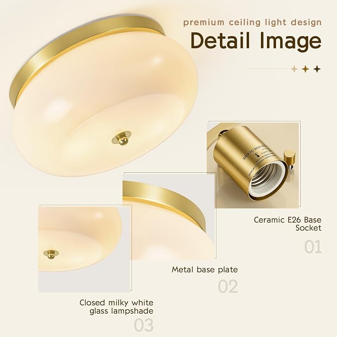 2-Light Brushed Gold Ceiling Light, 11.02 in Milky White Glass Shade | Mid-Century Modern Flush Mount Ceiling Light, E26 Ceramic Socket, Hallway, Kitchen, Bedroom, Bulb Not Included
