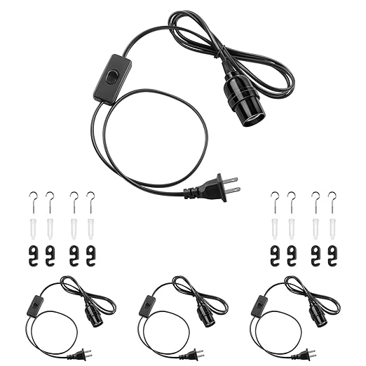DiCUNO E26 Hanging Lantern Extension Cord Cable, Light Socket On Off Inline Cord Switch Control Lamp, 6.6 Feet (2M), Black, 4-Pack
