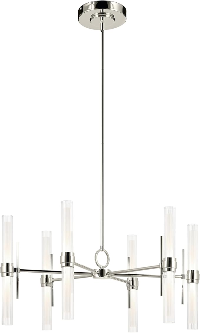 Kichler Riven LED 12-Light Chandelier with Clear Fluted Glass in Polished Nickel, Sloped Ceiling Compatible, for Kitchen or Dining Room (17" x 33"), 52752PNLED