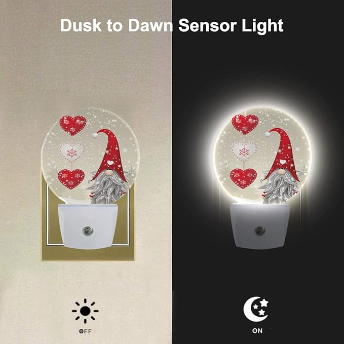 EKOBLA Valentine's Day Love Gnome Night Light Snowflakes Red Love Hearts Plug-in Nightlights Auto Sensor LED Dusk to Dawn Light for Men Women Boys Girls Gifts
