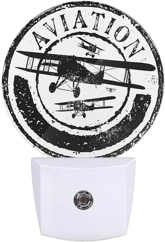 Vintage Airplane Night Light Aviation Rubber Stamp Black White Night Lights Plug into Wall with Dusk to Dawn Sensor Sleep Friendly lamp for Men/Women/Girls/Boys Gift