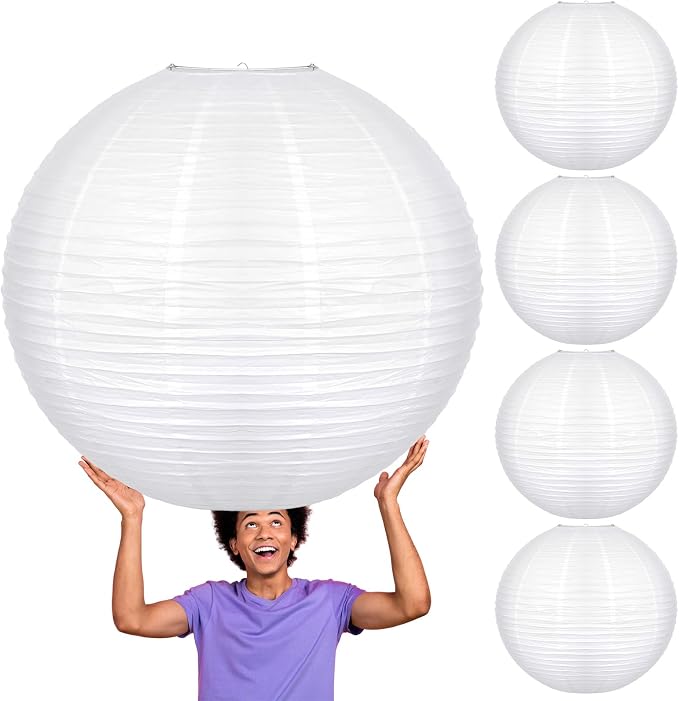 Glooglitter 5 Pcs 30 Inch Large White Paper Lanterns Gaint Chinese Moon Round Paper Lamp Japanese Jumbo Hanging Lanterns for Wedding Graduation Bridal Shower Birthday Party Supplies Decoration