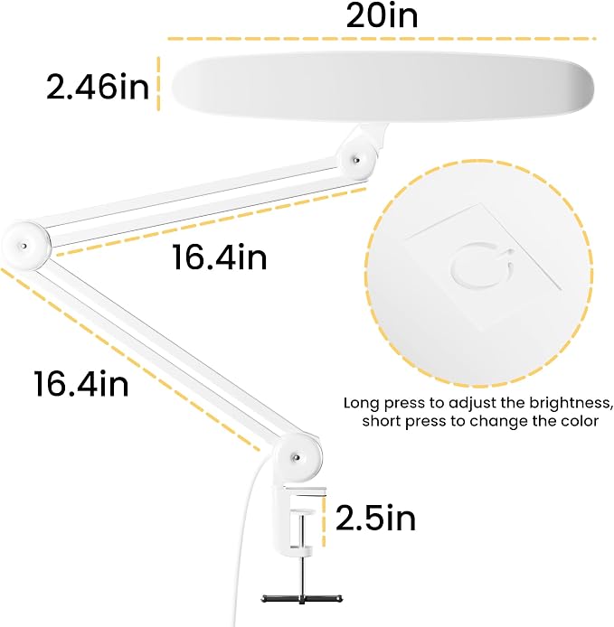 3000 Lumens Adjustable LED Desk Lamp & Task Lamp - Bright, Dimmable Lighting for Office, Crafts, Nails &Salon with Clamp (CCT, White)