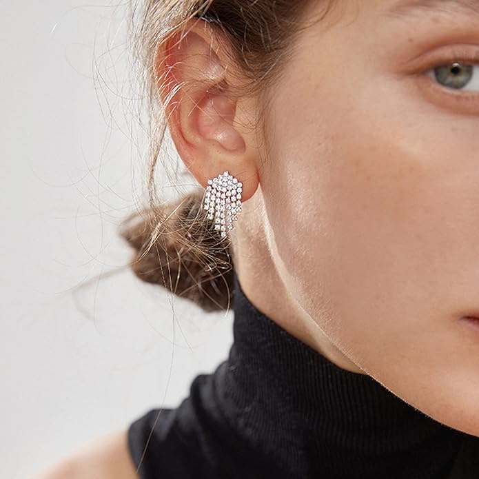 Luxval Rhinestone Earrings Dangling for Women Sparkly Silver Dangle Earrings Girls Long Chandelier Earrings Tassel Lightweight Ear Studs Cubic Zirconia Crystal Statement