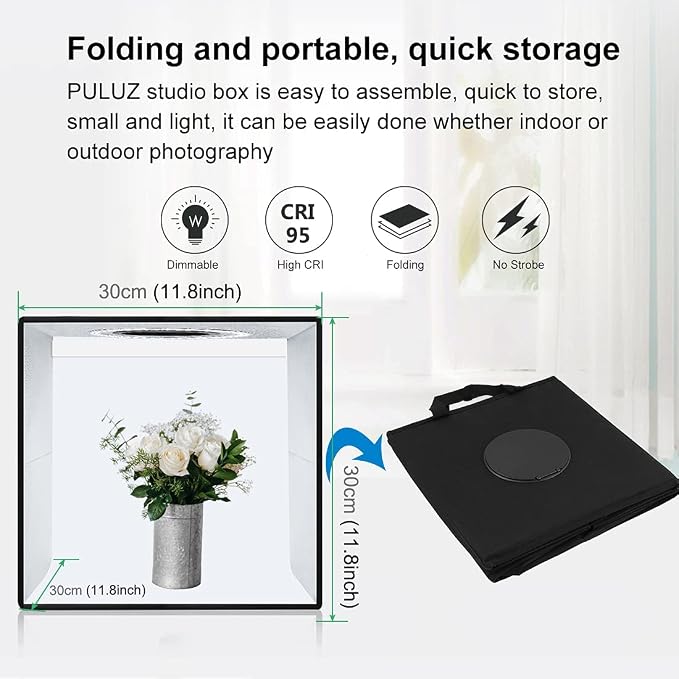 Lightbox, PULUZ 11.8"/30cm Photo Studio Light Box, Portable Picture Box Adjustable Brightness, Folding Professional Light Box Photography with Led Lights and 6 Colors Backdrops for Product Photography