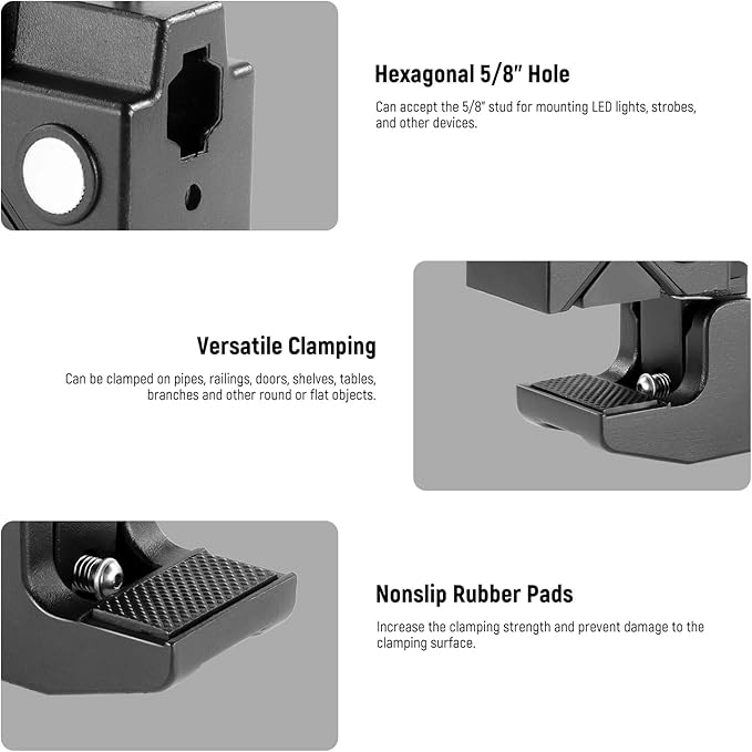 NEEWER 2 Pack Super Clamp with 5/8" Stud, Spring Lock, 2.4" Jaw Grip Heavy Duty Crab Pole Clamp for Round Pipe Flat Surface, for Photography Studio Camera Lighting Mounting, Max Load 33lb/15kg, UA017